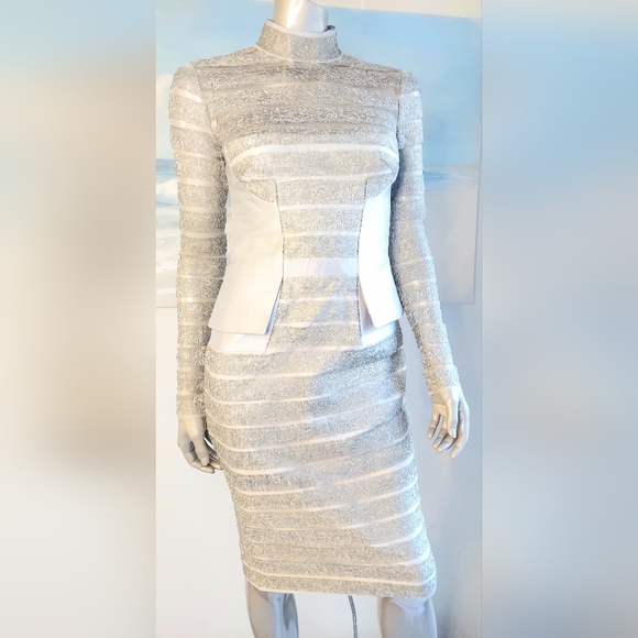 $1,600 BIBHU MOHAPATRA SILVER METALIC LONG SLEEVE RUNWAY DRESS US 2 - Picture 5 of 13